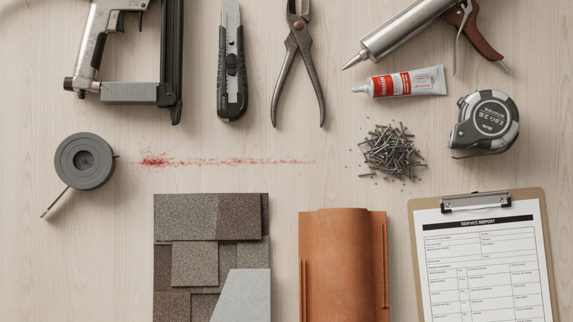 Overhead flat-lay of professional roofer tools including a nail gun, hammer tacker, chalk line, utility knife, and shingle samples on a clean work surface