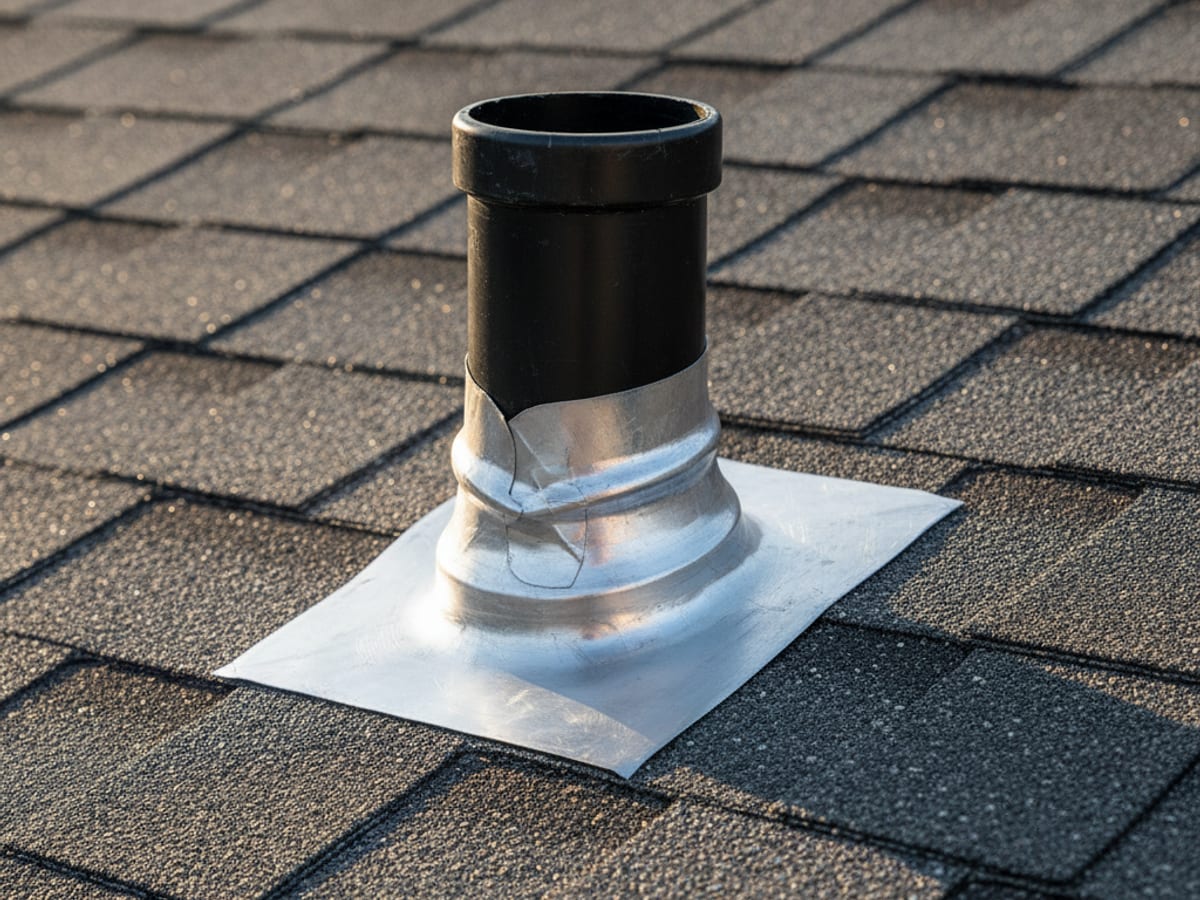 Close-up of a new lead pipe boot installed around a plumbing vent pipe on a shingle roof with proper flashing integration