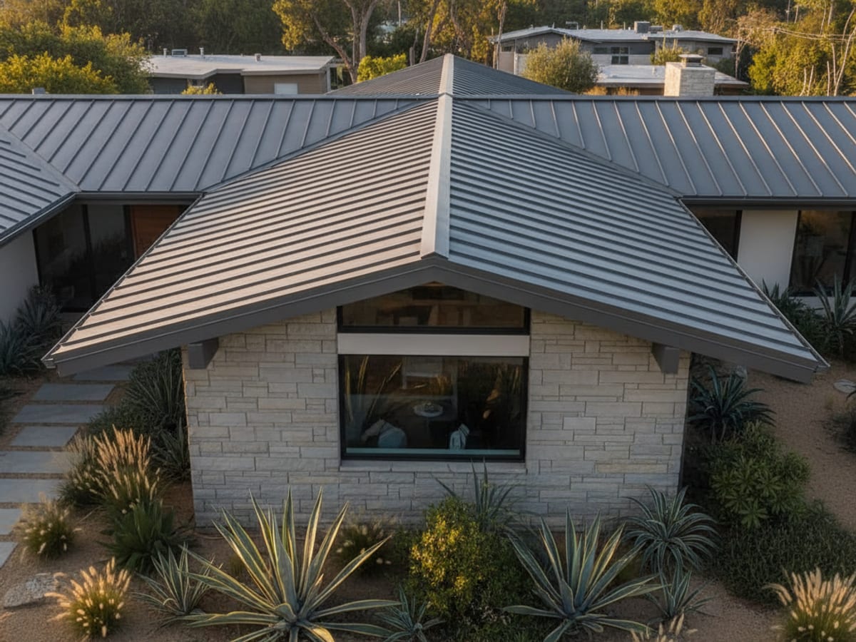 Standing seam metal roof installation on a modern San Diego home with clean vertical seams and gray-bronze finish