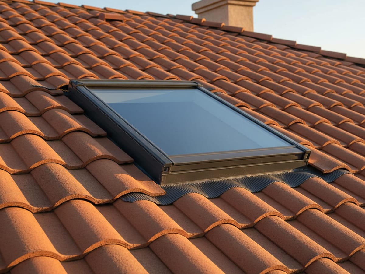 Newly installed Velux deck-mounted fixed skylight on a San Diego tile roof with proper lead flashing and counter-flashing visible